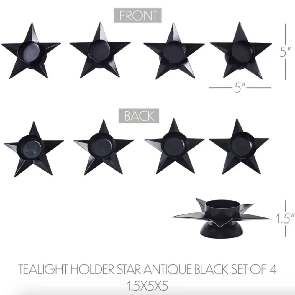 Christmas Star Metal Black Tealight Candle Holders Set of Four Farmhouse Holiday